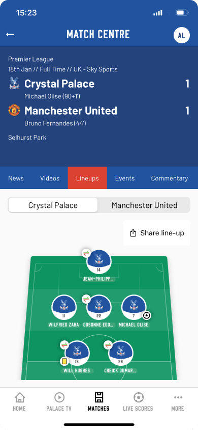 Crystal Palace FC app - Match Centre screen