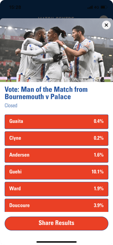 Crystal Palace FC app - Man of the Match poll results screen
