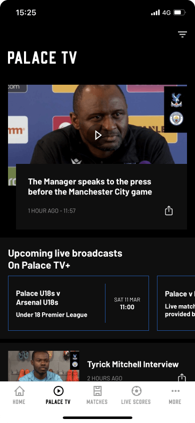 Crystal Palace FC app - Palace TV screen